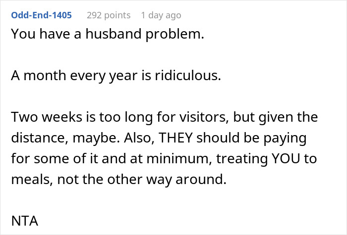 Comment on husband problem and in-laws visits being too long and costly for wife Comment on husband problem and in-laws visits being too long and costly for wife