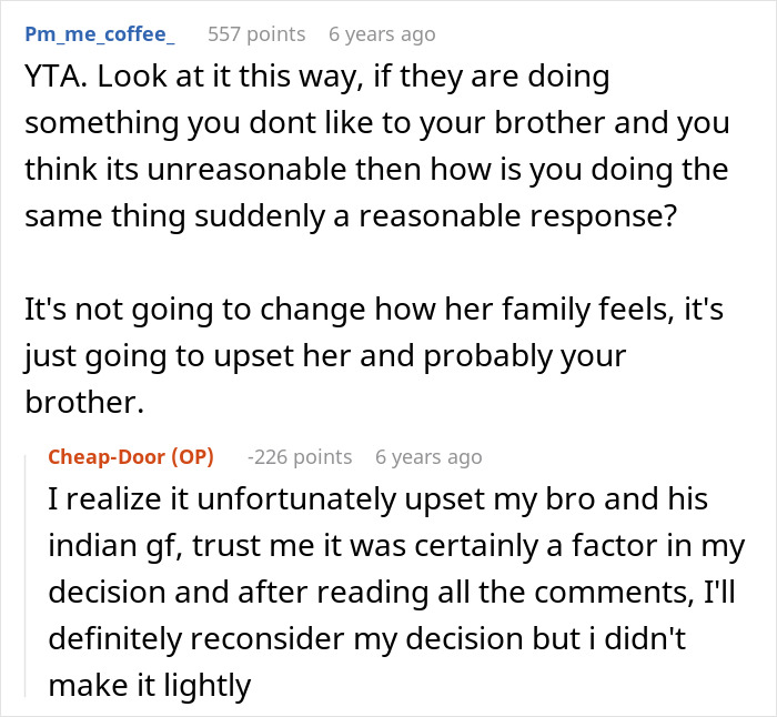 Comment discussing banning brother's girlfriend from family events and its impact Comment discussing banning brother's girlfriend from family events and its impact