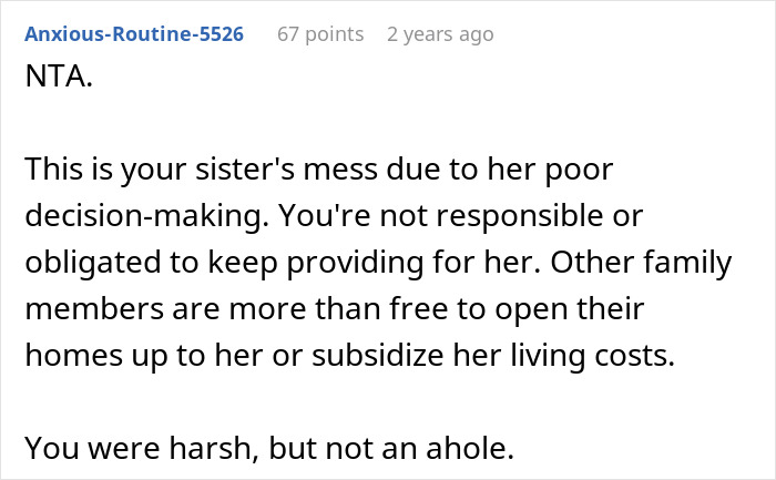 Comment stating not responsible to keep providing for struggling sister with rent and childcare