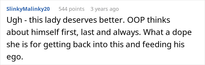A Reddit comment from SlinkyMalinky20, stating the lady deserves better and criticizing the 'leaves wife' guy.