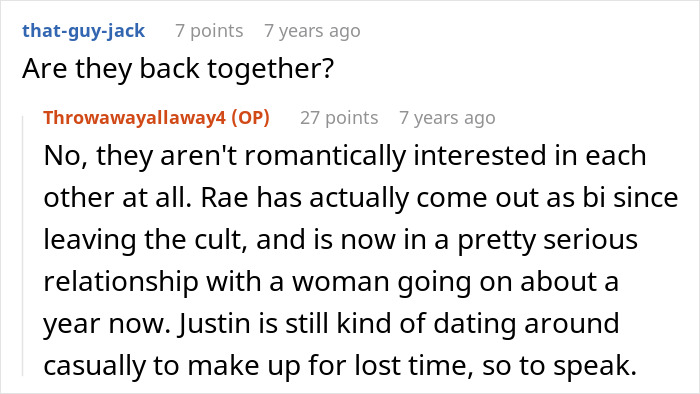 Explaining that cult members Rae and Justin are not romantically involved