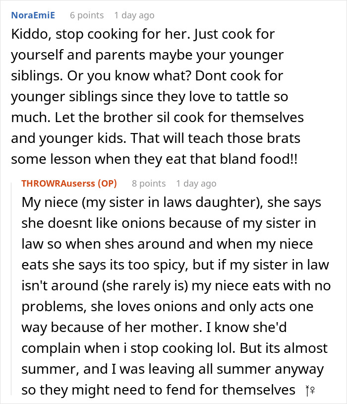 Comments about cooking for picky sister in law and onions issue