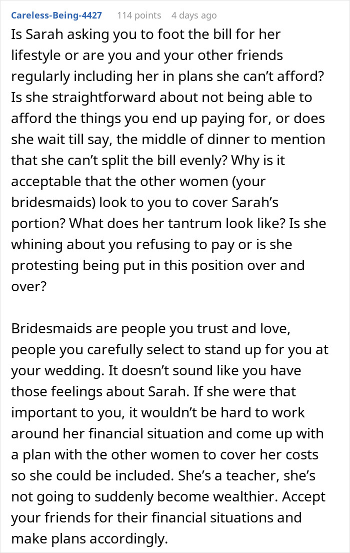 Detailed comment about bridesmaids and handling financial situations in weddings Detailed comment about bridesmaids and handling financial situations in weddings