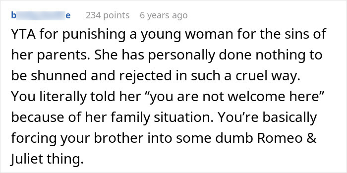 Comment says banning brother's girlfriend punishes her for parents' actions in family drama Comment says banning brother's girlfriend punishes her for parents' actions in family drama