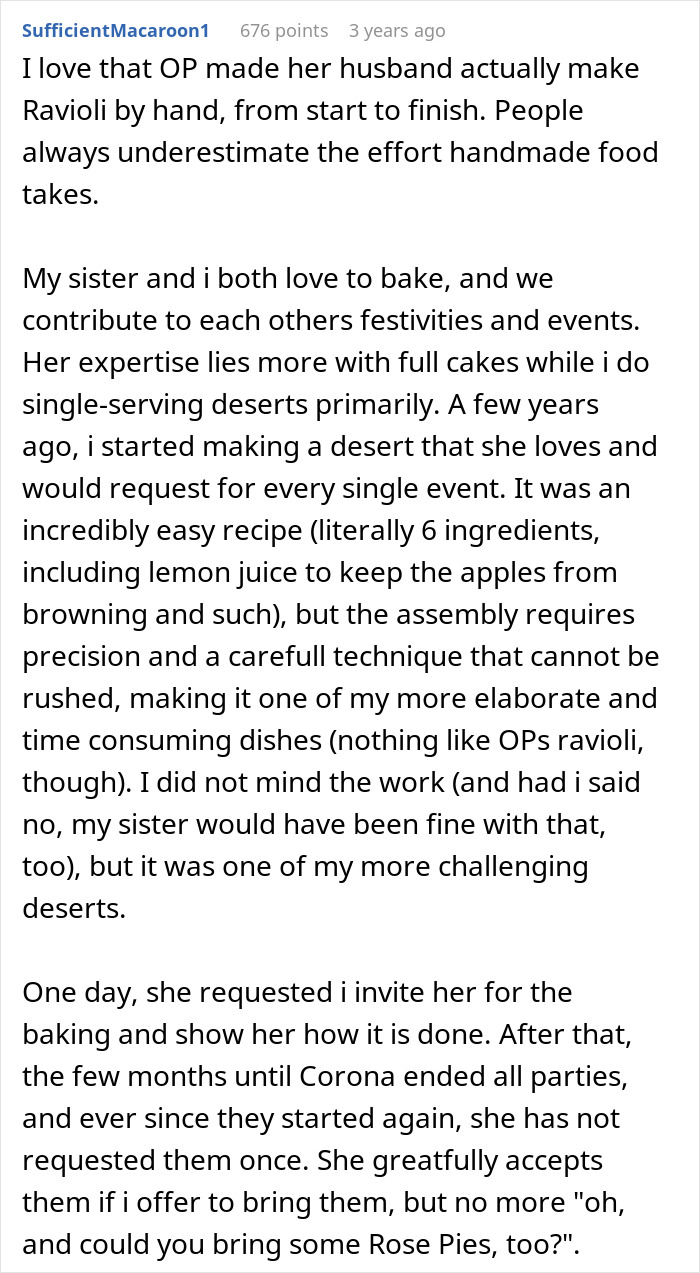 Comment on handmade ravioli effort and baking challenges