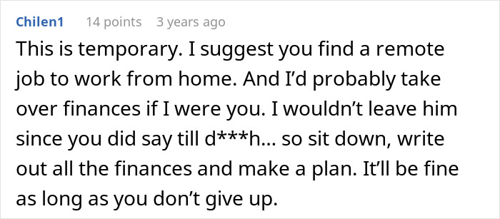 A Reddit comment on a white background, offering advice on a financial nightmare and "second family" situation.