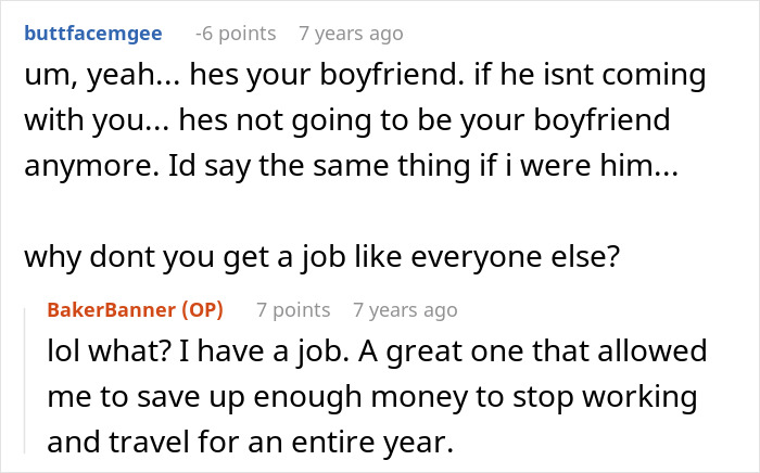 Reddit comments discussing a woman's dream trip, including a choice after saving up, and relationship implications.