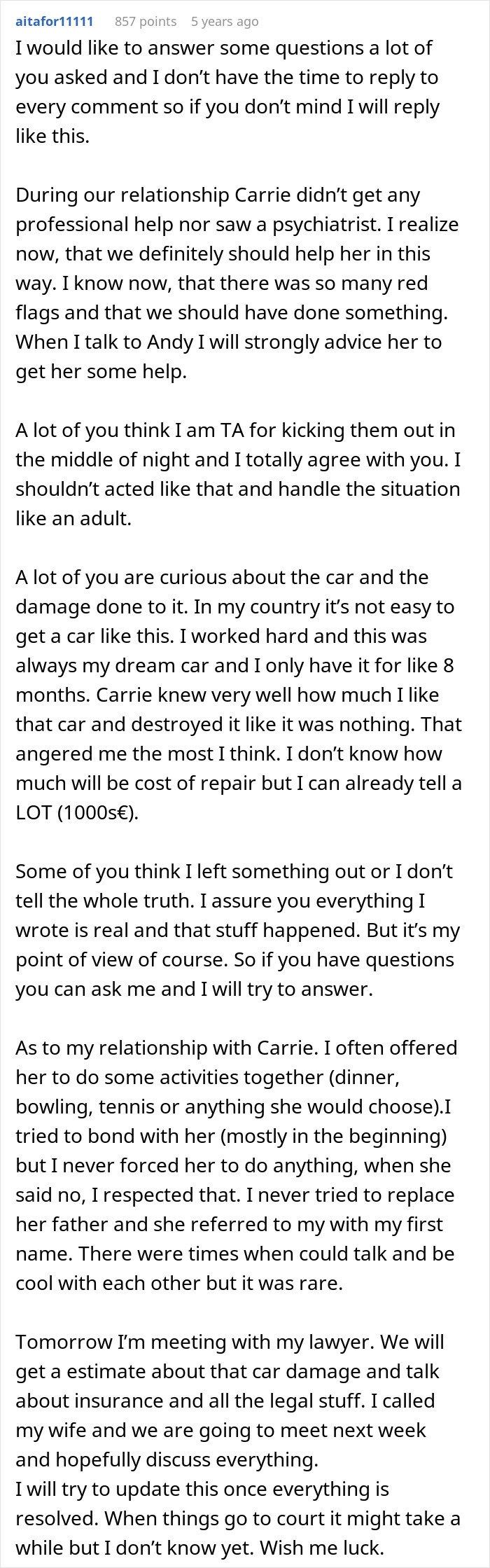 Text comment about legal action after stepdaughter damages expensive car and advice to seek help