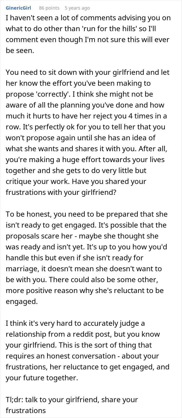 Advice to discuss proposal frustrations with girlfriend