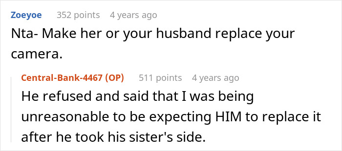 Screenshot of Reddit comments debating a woman's right to sue her irresponsible sister-in-law for damages. Husband's fix worsens things.