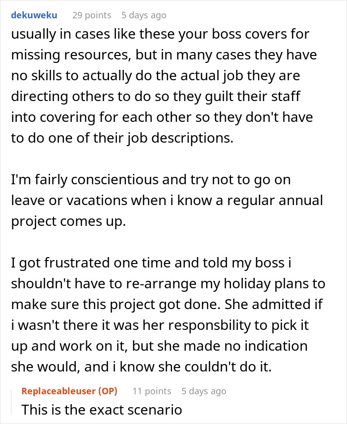 Frustration with boss not covering for employees on leave leading to guilt and project stress