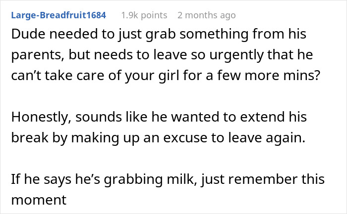 Text post discussing a guy returning from a bachelor trip leaving wife alone with sick kids during her shower Text post discussing a guy returning from a bachelor trip leaving wife alone with sick kids during her shower