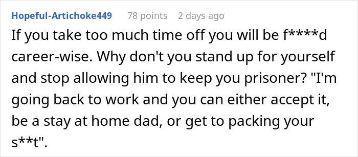 Comment encouraging career focus over SAHM role and standing up in traditional values context