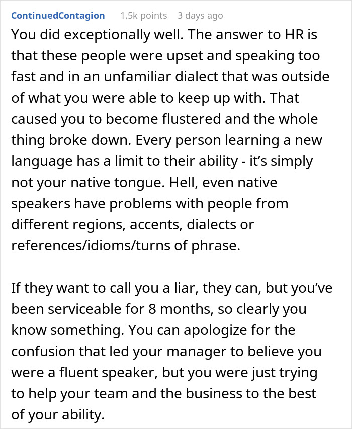 Comment explaining challenges learning Spanish and dialect issues at workplace Comment explaining challenges learning Spanish and dialect issues at workplace