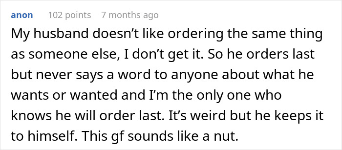 User shares personal story related to restaurant order tantrum