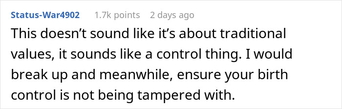 Comment about control issues versus traditional values in relationship