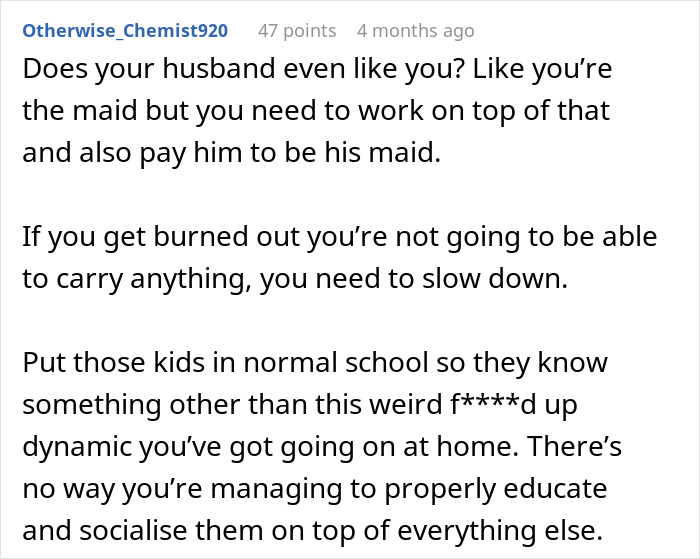 A Reddit comment advising a wife about her husband's disinterest in her job and her being overworked.