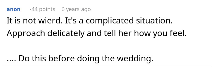 Comments discussing feelings on unusual wedding request and relationship advice