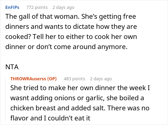 Reddit comment criticizing SIL for dictating how free dinners are cooked