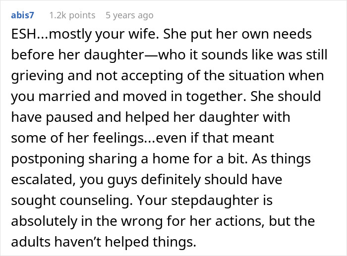Comment on stepdaughter trashing expensive car highlights wife's role and need for counseling