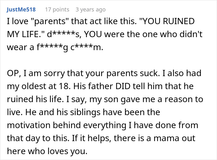 Comment expressing sympathy for son and criticism of toxic parents story