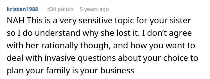 Reddit comment about sensitivity of fertility topics and family privacy Reddit comment about sensitivity of fertility topics and family privacy