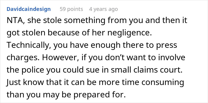 A Reddit comment suggesting the woman sue her irresponsible sister-in-law in small claims court or press charges.