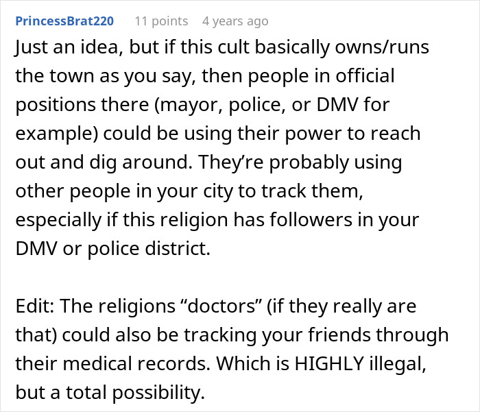 Idea that cult controls town officials who use their power to track people via medical records