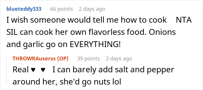 Reddit comment about SIL flavorless cooking and use of onions and garlic