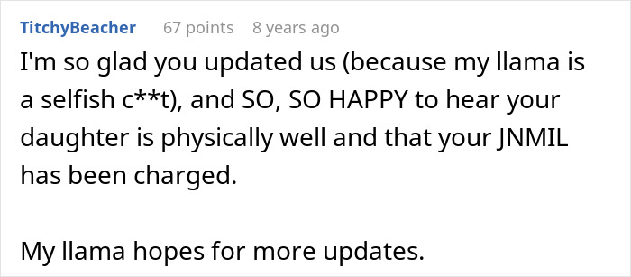 A comment from TitchyBeacher sharing updates on the MIL test and grandchild's allergies, mentioning a "selfish c**t" and hoping for more updates.