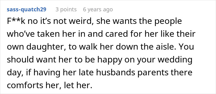 Supportive comment on fianc&eacute;e wanting late husband's parents at wedding
