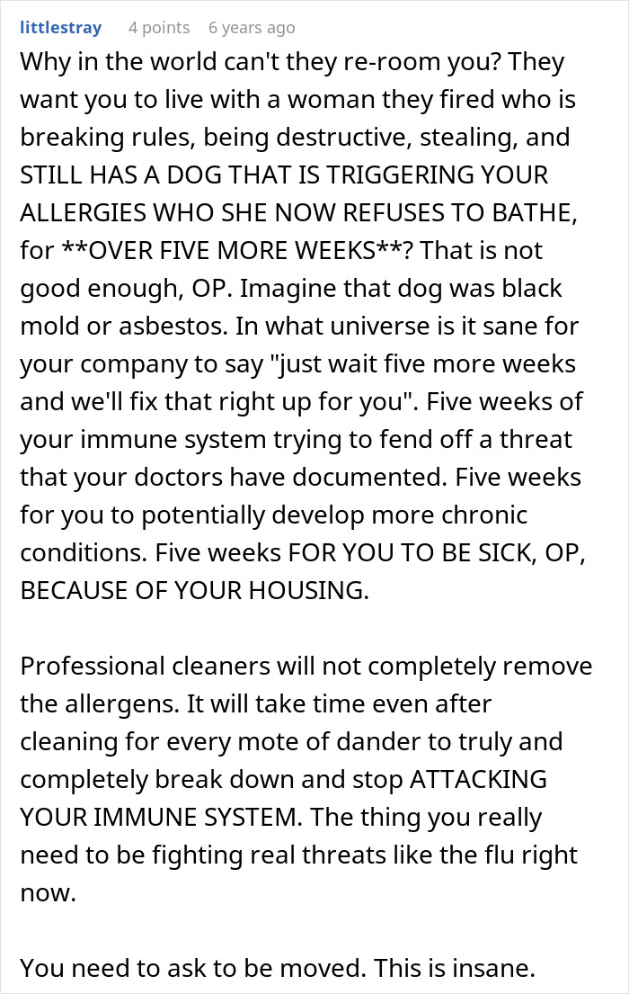 A Reddit post discussing a woman's roommate putting her life at risk, causing allergies. She learns to defend herself.