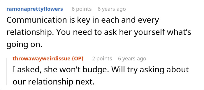 A Reddit comment thread on relationship issues. The original poster is trying to figure out an ugly cover-up from his girlfriend's dad.