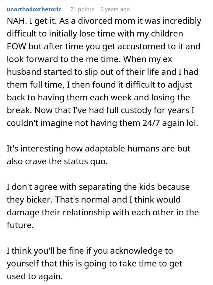 A screenshot of a lengthy comment by a divorced mom on reddit, sharing an unpopular parenting opinion, from unorthodoxrhetoric.