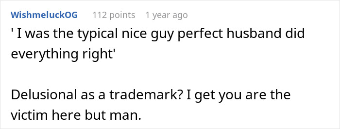 A Reddit comment from WishmeluckOG, criticizing the user who wants to reconcile after her affair, for being delusional. A Reddit comment from WishmeluckOG, criticizing the user who wants to reconcile after her affair, for being delusional.