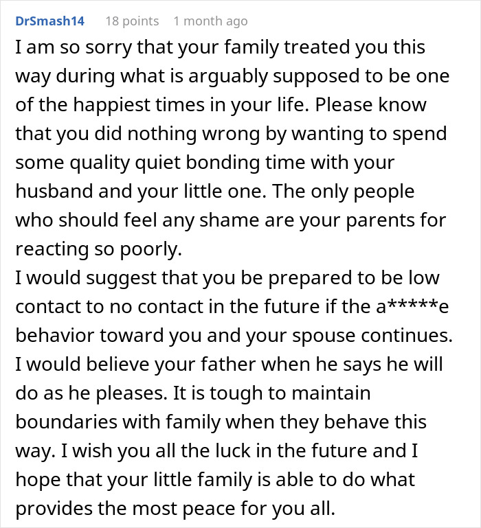 A Reddit comment from DrSmash14 advising on parents being furious with their daughter after giving birth.
