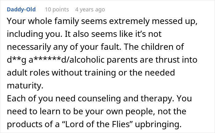 Comment highlighting family issues and need for therapy in sibling revenge