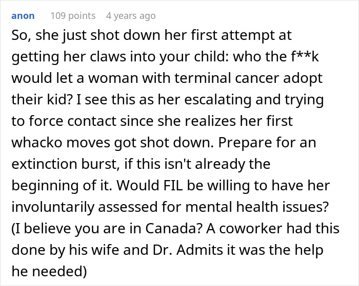 Screenshot of an online comment discussing an unhinged MIL attempting to adopt grandchild, after earlier disowning over circumcision.