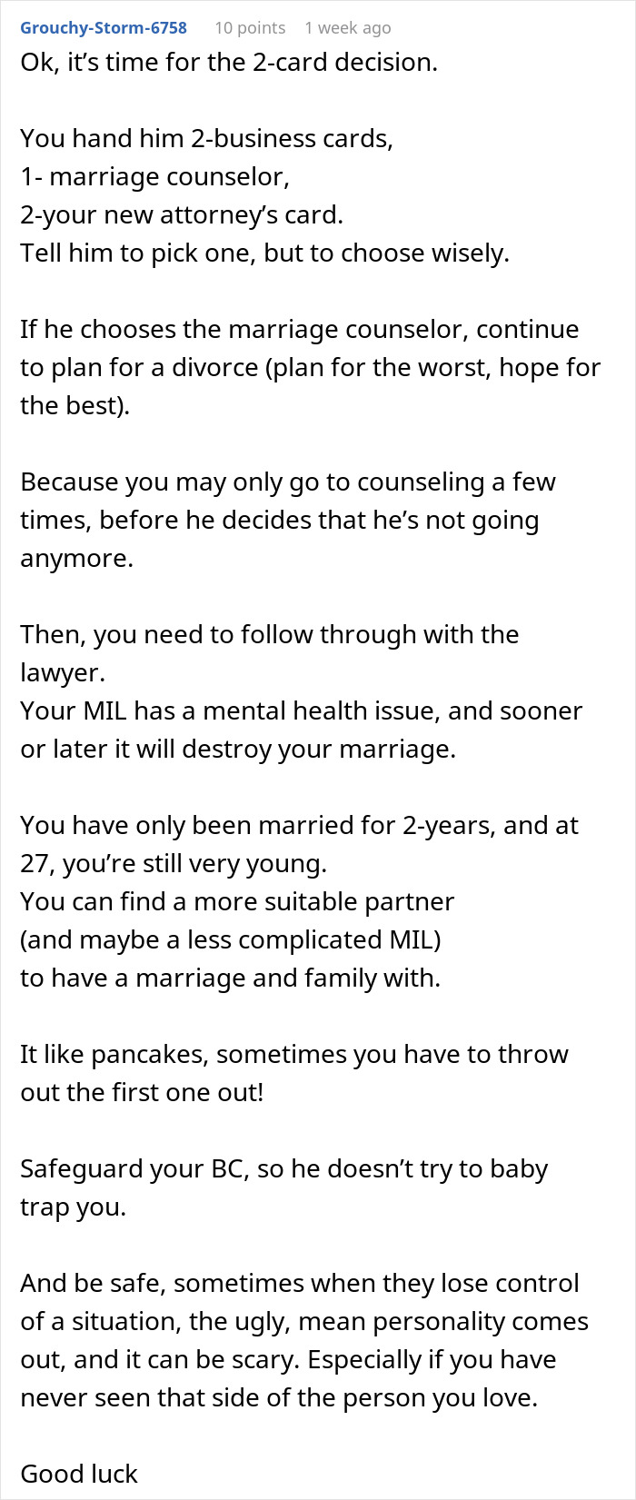 Advice to choose between marriage counseling or divorce due to MIL issues Advice to choose between marriage counseling or divorce due to MIL issues