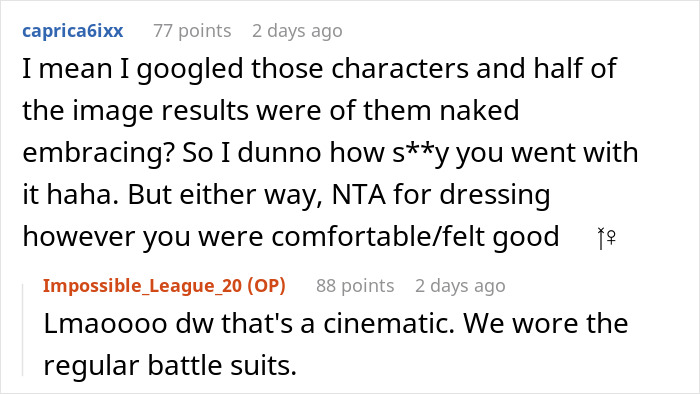 Screenshot of a comment about cosplaying characters comfortably Screenshot of a comment about cosplaying characters comfortably