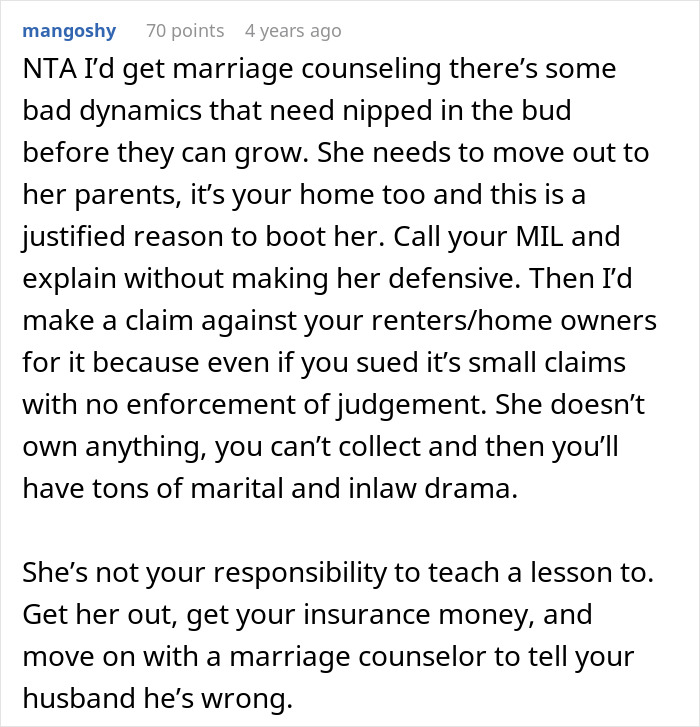 A Reddit comment suggesting marriage counseling and dealing with an irresponsible sister-in-law to prevent marital and in-law drama.