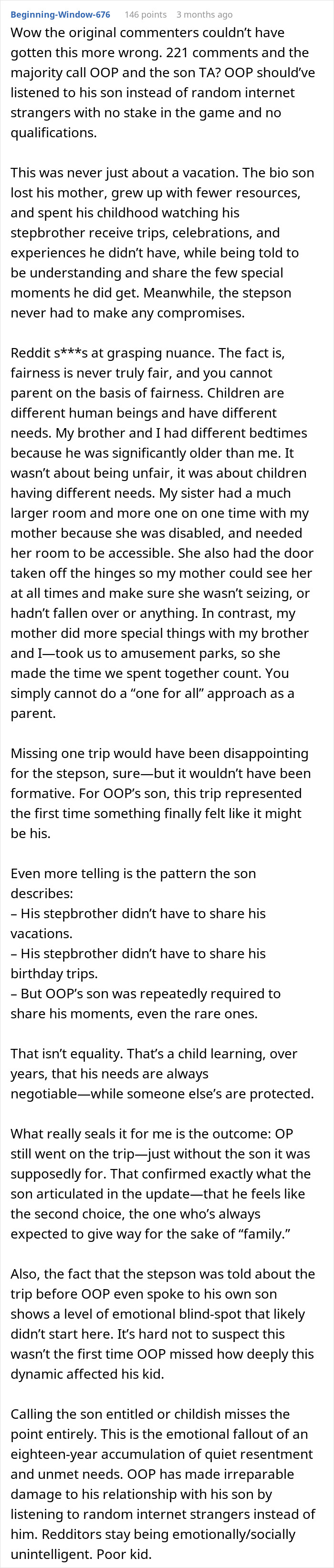Son Wants To Feel Special By Going On First Vacation With Dad, Refuses To Go If Stepbro Is Going