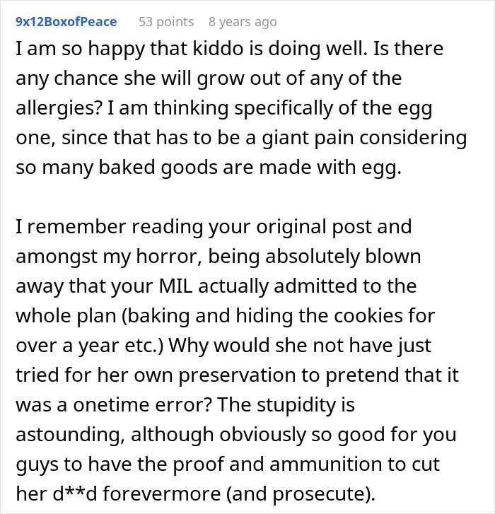 A Reddit comment about a MIL refusing to believe allergies are real and sending a kid to ER.
