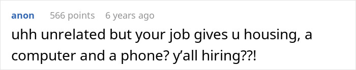 A Reddit comment asks about a job offering housing, computer, and phone. Relates to woman learns to defend herself.