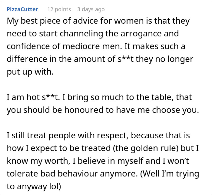 Advice for women to value themselves and not tolerate bad behavior