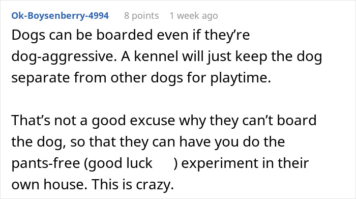 A Reddit comment, titled Ok-Boysenberry-4994, discusses reasons to board a dog, disagreeing with letting toddlers stay diaper-free.