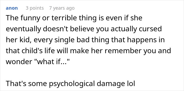 Comment about psychological damage from cursing pregnant woman's baby