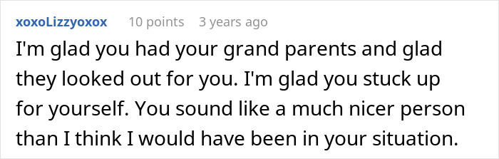 Comment appreciating grandparents' support in toxic parents story