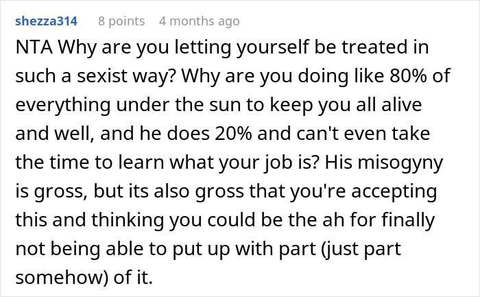A Reddit comment discussing a husband's lack of interest in his wife's job, criticizing his misogyny. Wife refuses to talk.