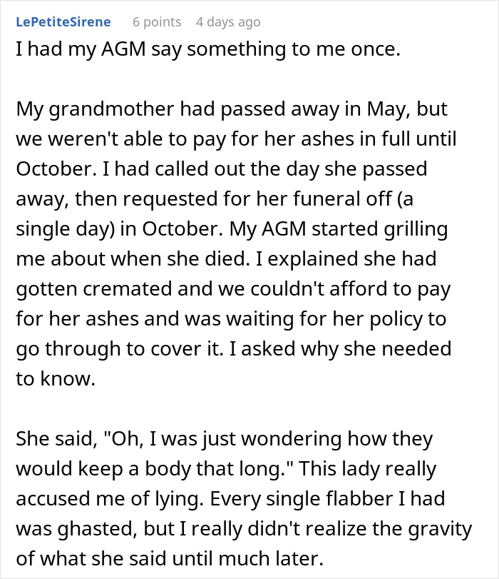 Employee grilled by manager about delayed funeral after grandmother's cremation